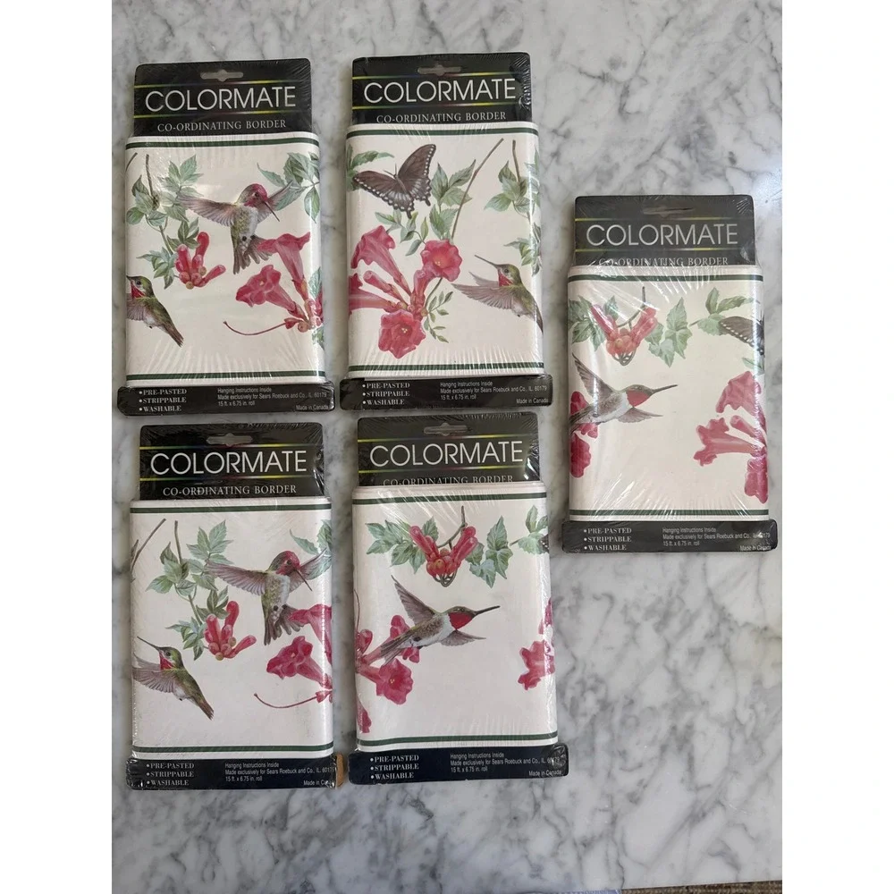 Vintage Colormate Hummingbird Floral Wall Border Sears Pre-Pasted 75ft-5 Rolls